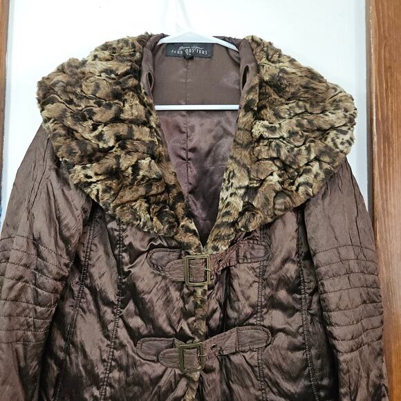 DONNA SALYERS FABULOUS Furs Brown Coat Jacket Faux Fur Trim Small Animal Print - Picture 4 of 9